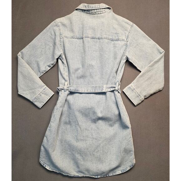 H&M Women Medium Shirt Dress Blue Jean Denim Belt Pearl Snap Long Sleeve‎ - Picture 6 of 7